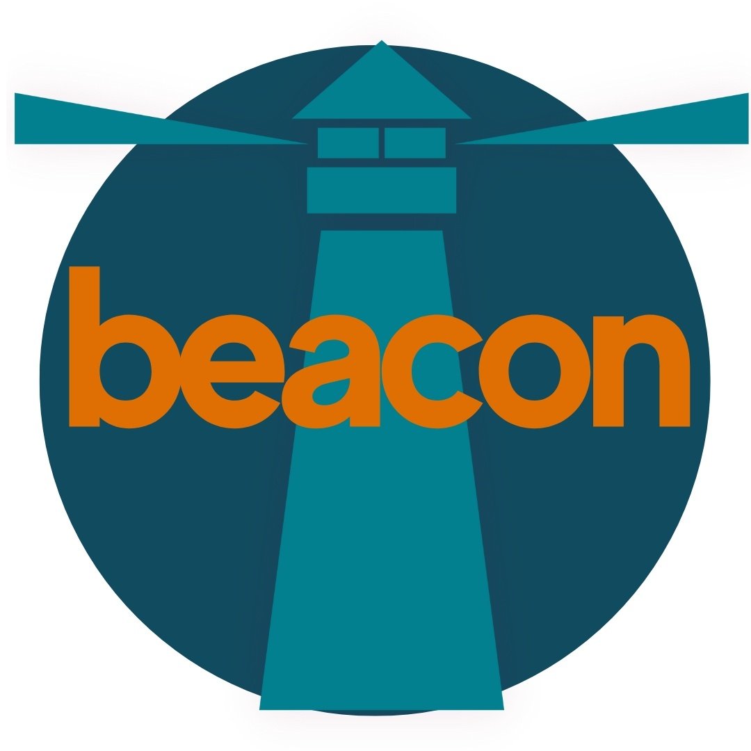 Circular Beacon Fire Protection logo with the word 'beacon' in bold orange letters overlaying a teal lighthouse icon with light beams, set against a dark teal circular background.